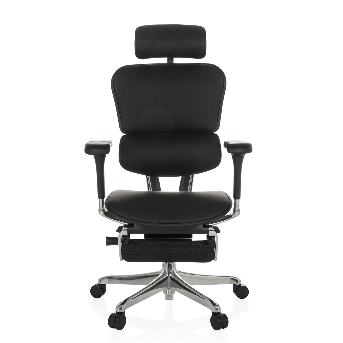 Zwarte Luxe directiestoel ERGOHUMAN PLUS LEGPRO GEN2 van leder met voetensteun en vijfpoot met wieltjes van hjh OFFICE – 360-gradenweergave (vooraanzicht 0°)
