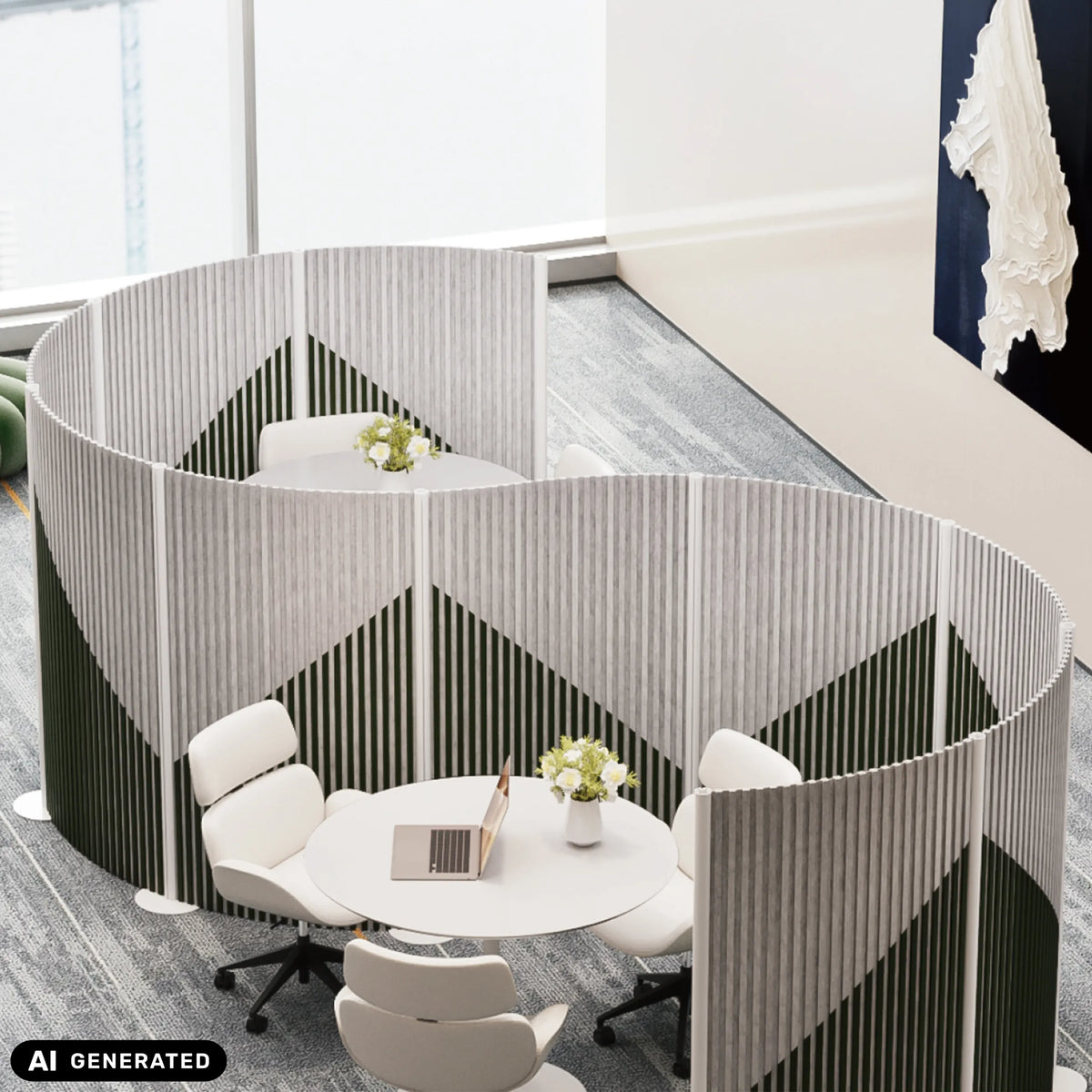 Grijze Flexmiut Wave scheidingswanden voor zicht- en geluidwering met geometrisch patroon van hjh OFFICE (AI-gegenereerde afbeelding)