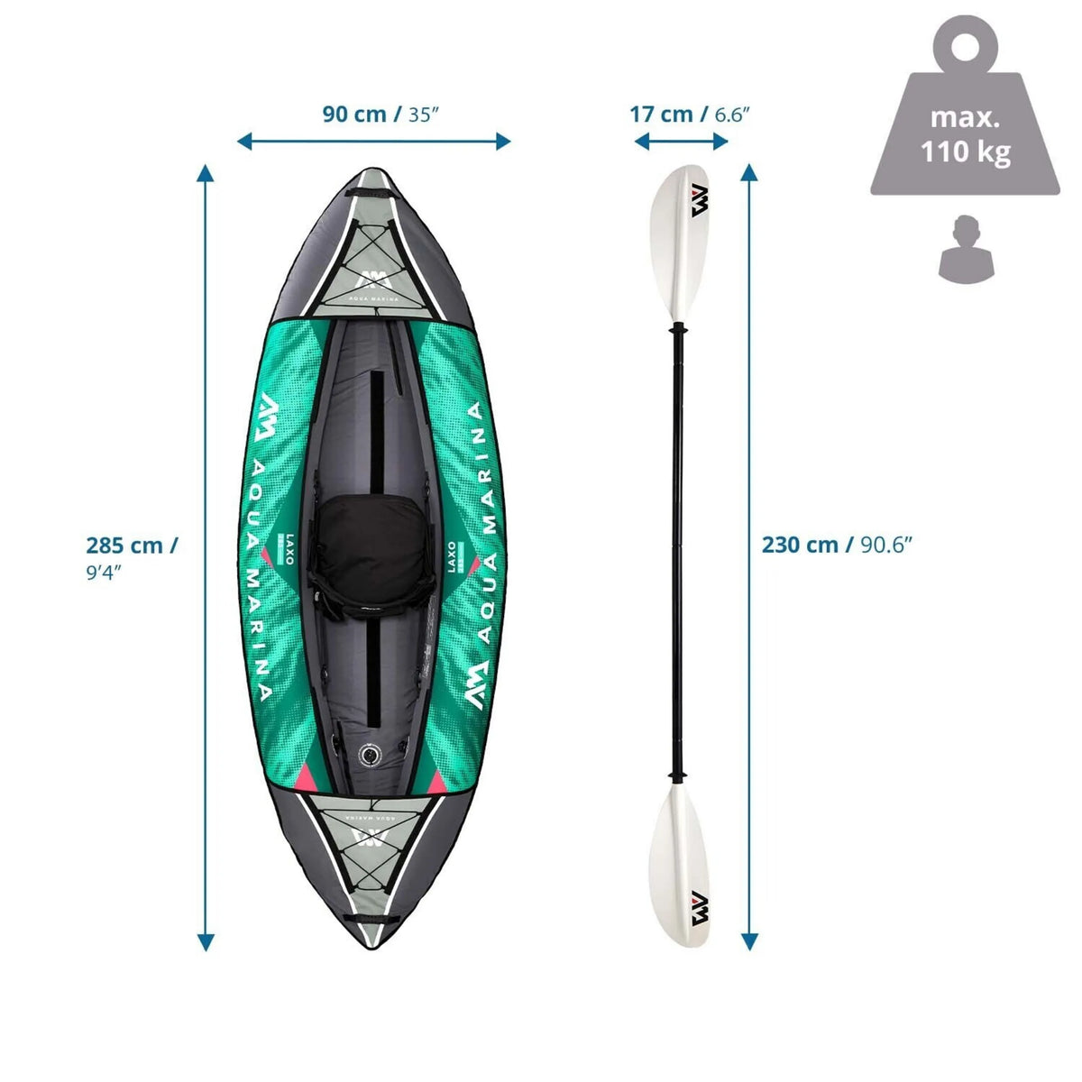 Technische tekening van de Opblaasbare kajak LAXO-285 van 285 × 90 cm van Aqua Marina