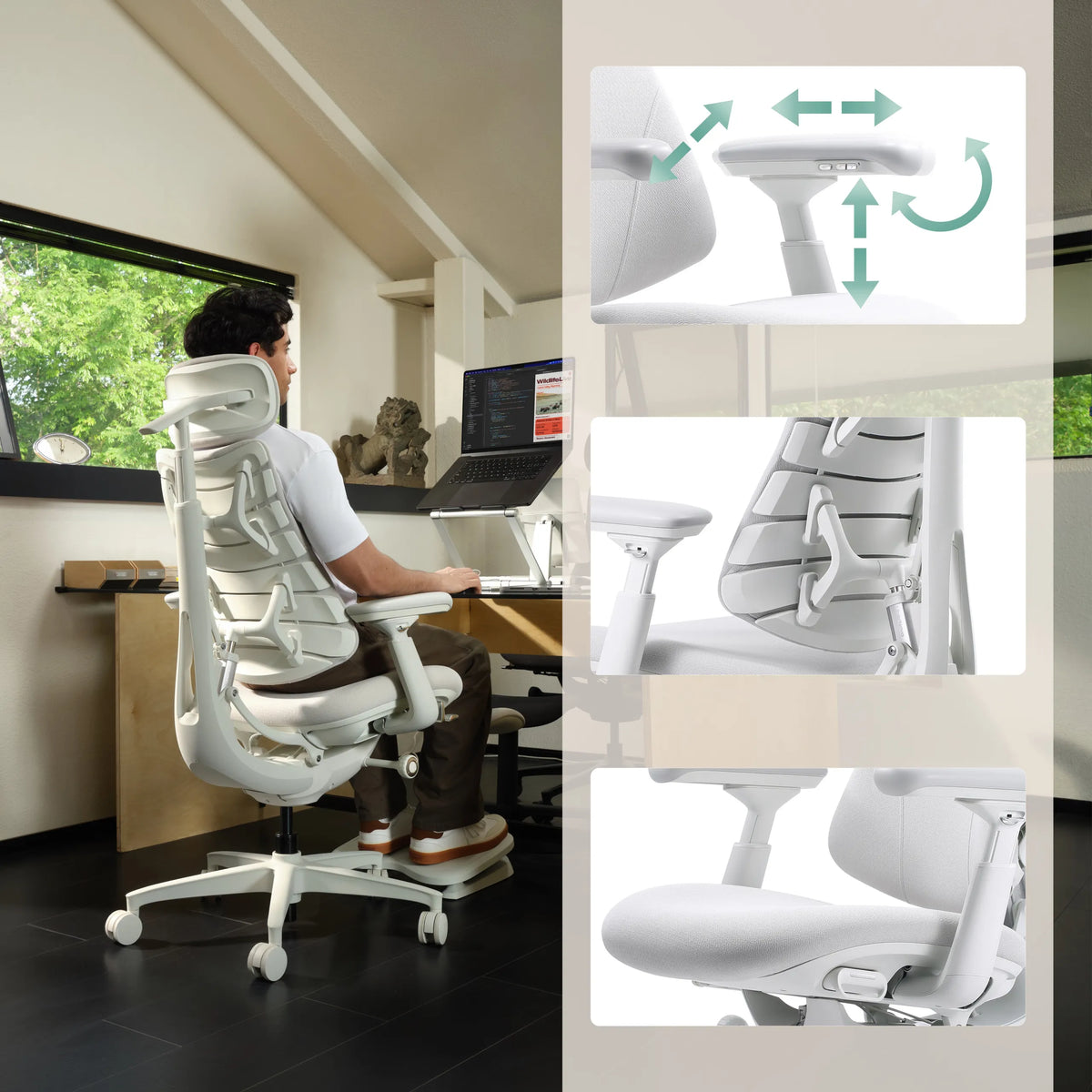 Witte High end bureaustoel LiberNovo Omni Gen met detailopnamen van de verstelbare armleuningen en rugleuning van Libernovo