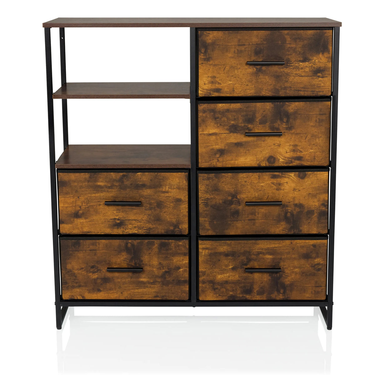 Commode RAGALA in gerookt eiken met zwarte metalen accenten, twee legplanken en zes laden van hjh LIVING – 360-gradenweergave (vooraanzicht 0°)
