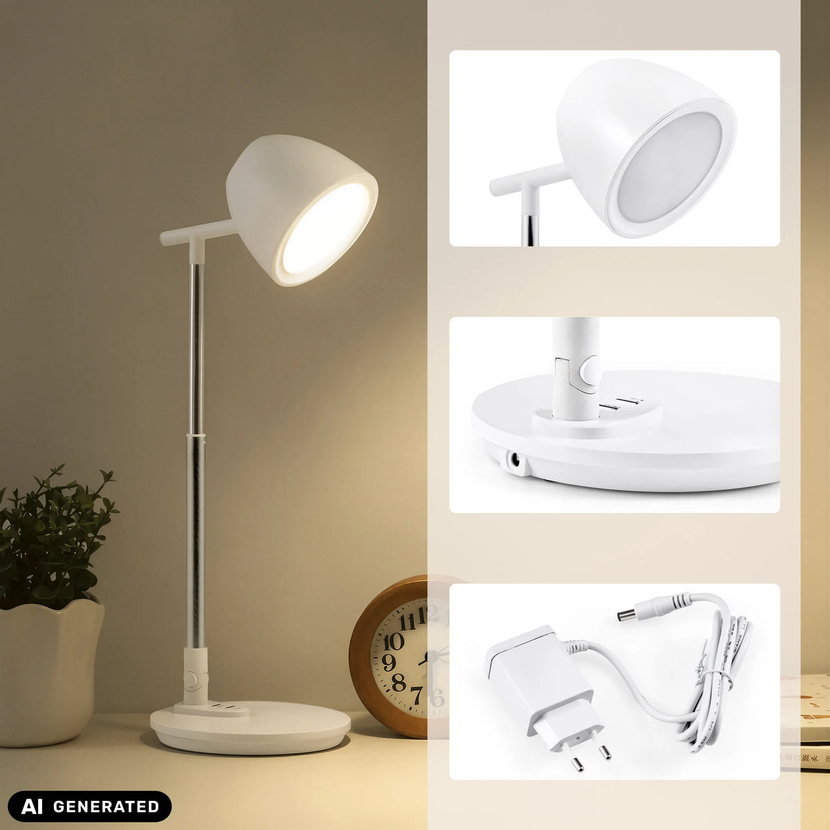 Witte Lumanova D3 bureaulamp met adapter en detailopnamen van hjh OFFICE (AI-gegenereerde afbeelding)