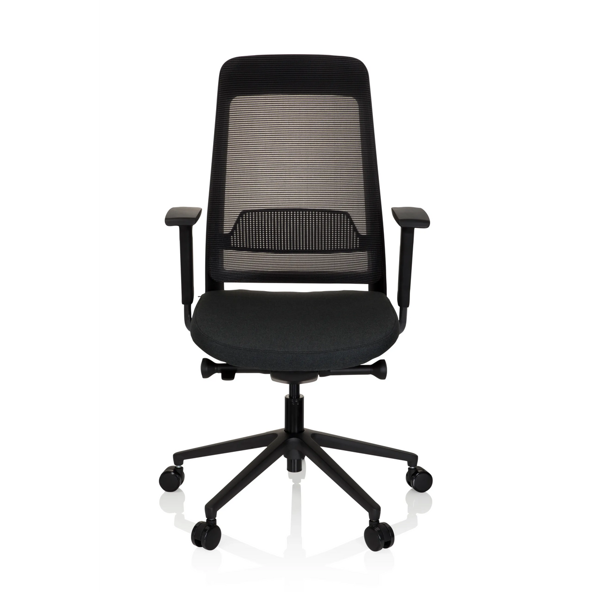 Zwarte Professionele bureaustoel CHIARO T1 BLACK met netrugleuning en vijfpoot met wielen van hjh OFFICE – 360-gradenweergave (vooraanzicht 0°)