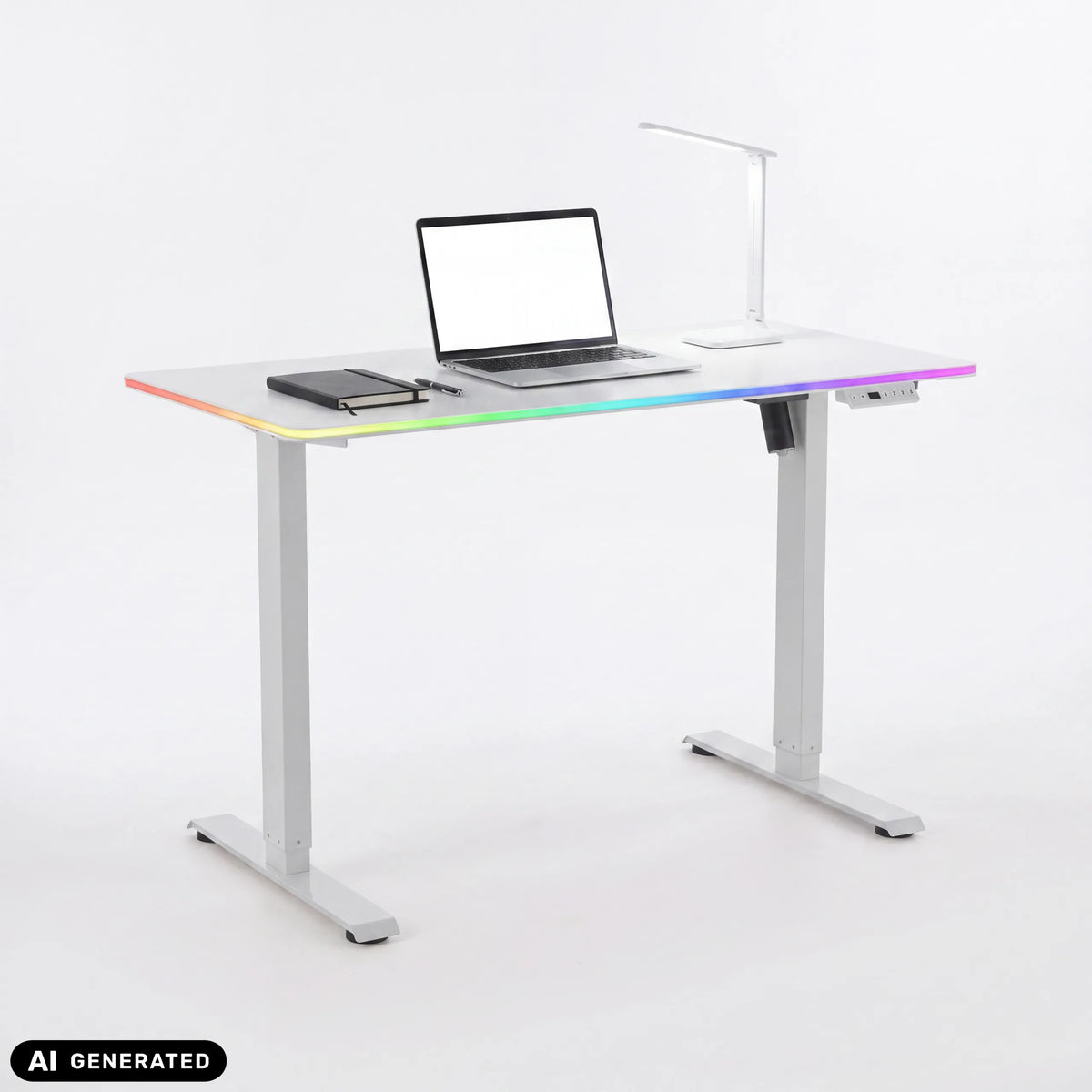 Elektrisch in hoogte verstelbaar bureau Worktime LED in wit met RGB-verlichting en laptop van hjh OFFICE