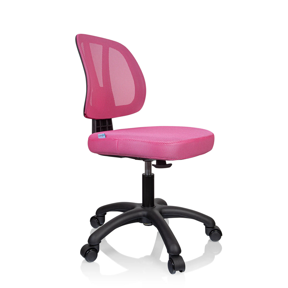 Roze Kinder bureaustoel KID YU 200 met netrugleuning en zwart vijfpootkruis met wieltjes van hjh OFFICE – 360-gradenweergave (schuin vooraanzicht 60°)