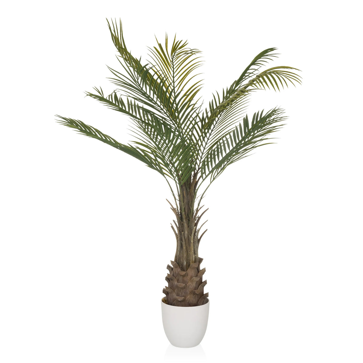 Groene Kunstplant DRACAENA in de vorm van een palm met een witte pot van hjh OFFICE – 360-gradenweergave (vooraanzicht 0°)