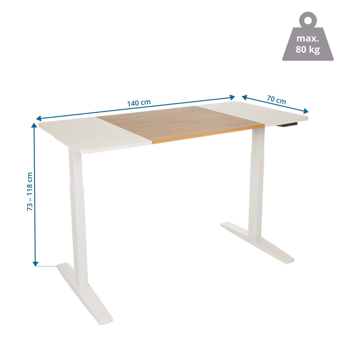 Maattekening van het Elektrisch in hoogte verstelbaar bureau STAND T3 van 140 x 70 cm van hjh OFFICE