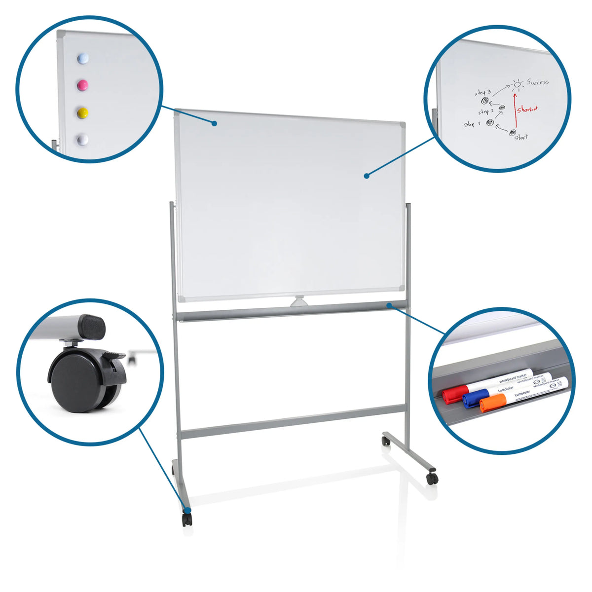 Whiteboard MULTIBOARD I in wit-zilver met zwenkwielen, magnetische markers en aflegbakje van hjh OFFICE