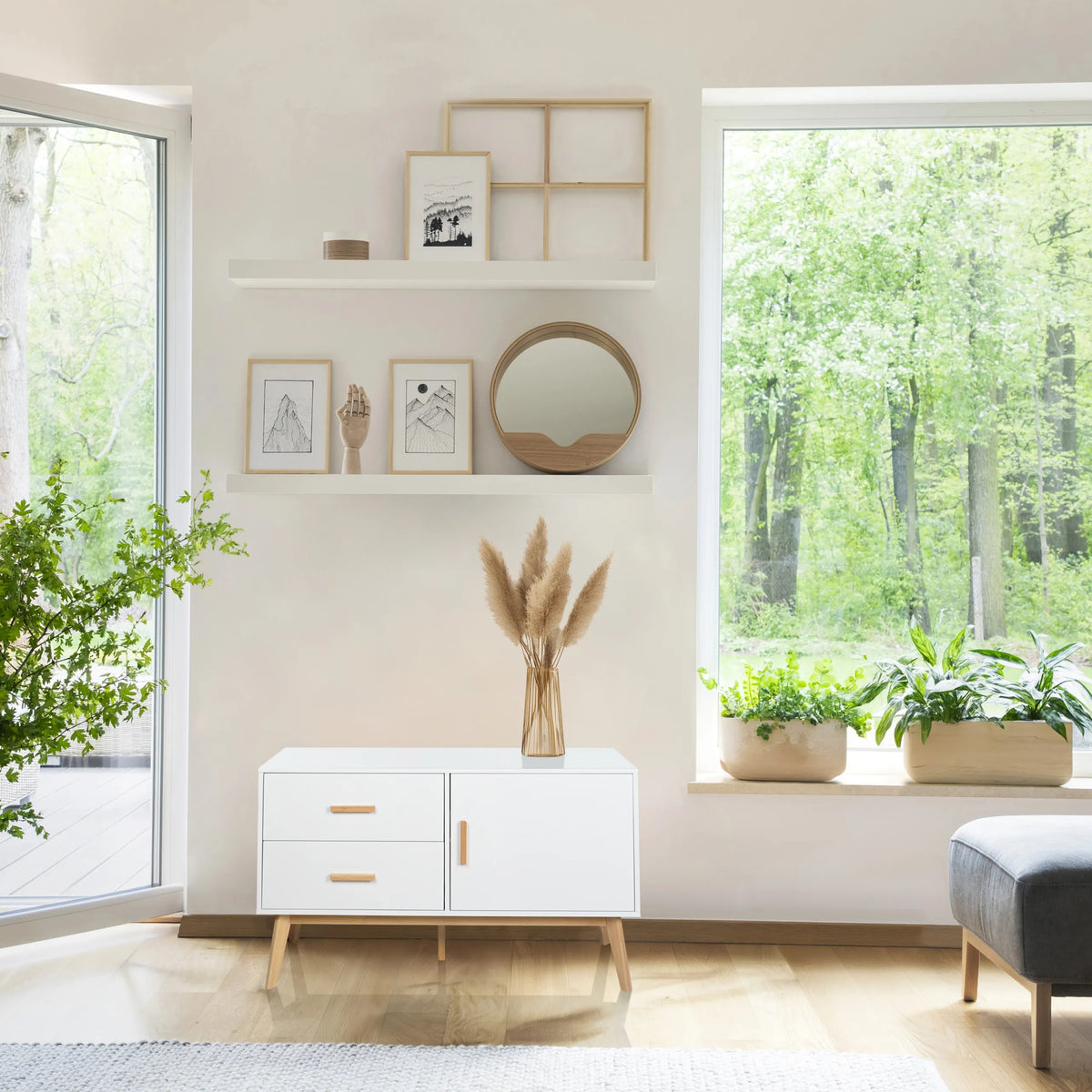 Wit Dressoir TAROLO met twee laden en een kastvak op houten poten van hjh LIVING