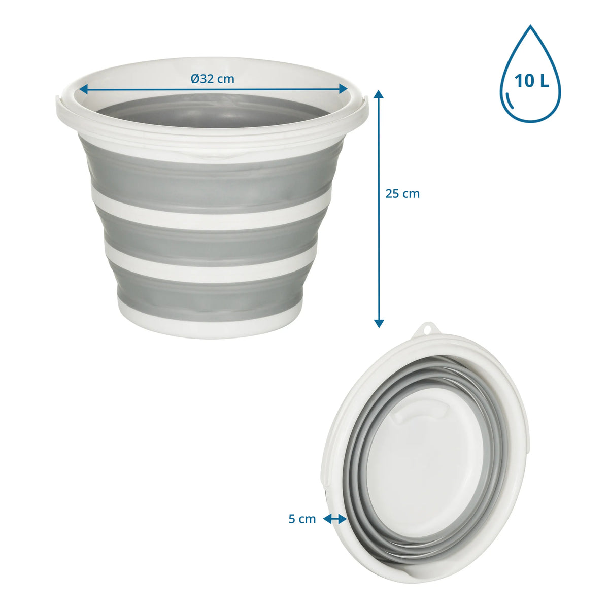 Maattekening van de Opvouwbare bak CLEAN SILR met 10 l volume en 32 cm diameter van hjh OFFICE