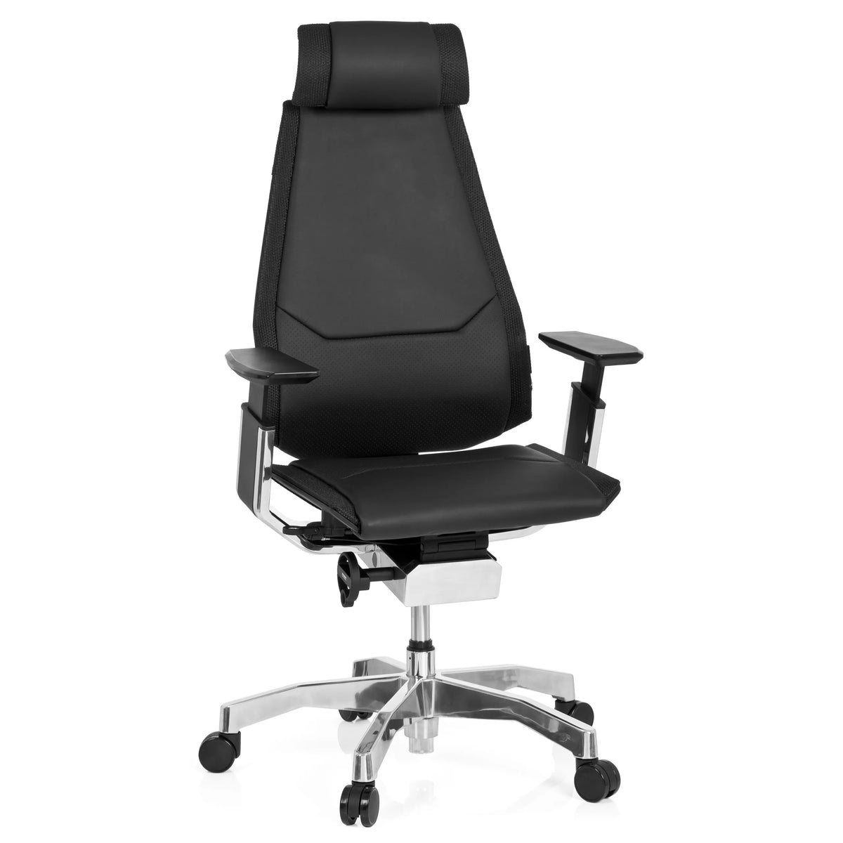 Zwarte High end bureaustoel GENIDIA PRO van leer met armleuningen en vijfpuntig onderstel met wieltjes van hjh OFFICE – 360-gradenweergave (vooraanzicht 20°)