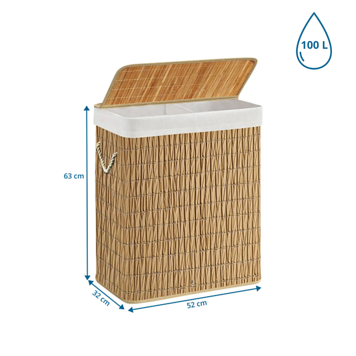 Maattekening van de FALSTER XL R wasmand met 63 × 52 cm en een inhoud van 100 l van hjh LIVING