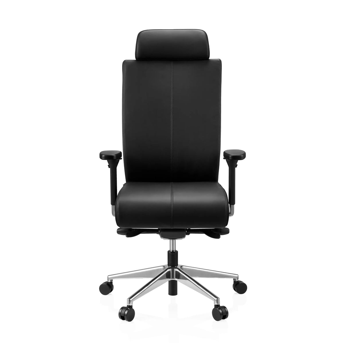 Zwarte Professionele bureaustoel PRO-TEC XXL van leer met hoofdsteun en vijfstervoet met zwenkwielen van hjh OFFICE – 360-gradenweergave (vooraanzicht 0°)