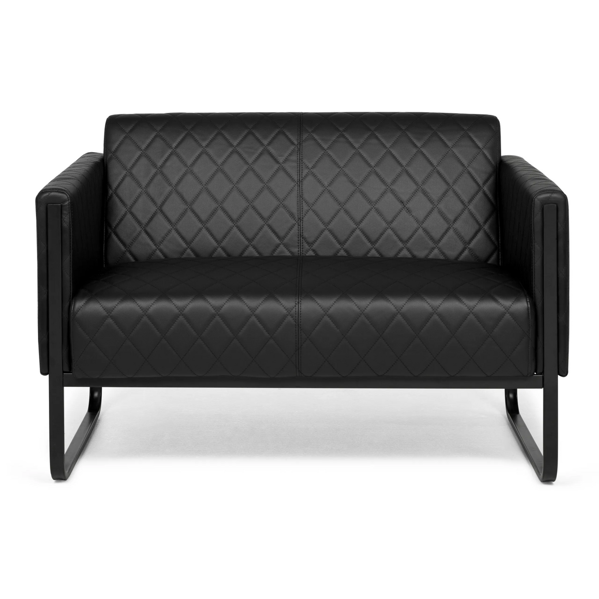 Zwarte lounge bank ARUBA BLACK als tweezitter met stiksels en sleeonderstel van hjh OFFICE – 360-gradenweergave (vooraanzicht 0°)