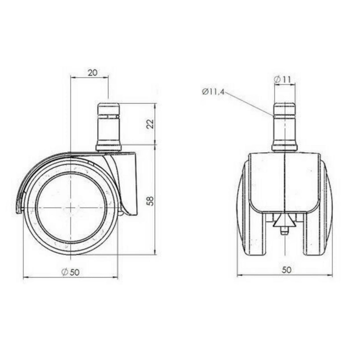 Technische tekening van de 5x ROLO LUX 11mm/50mm bureaustoelwielen met een roldiameter van 50 mm van hjh OFFICE