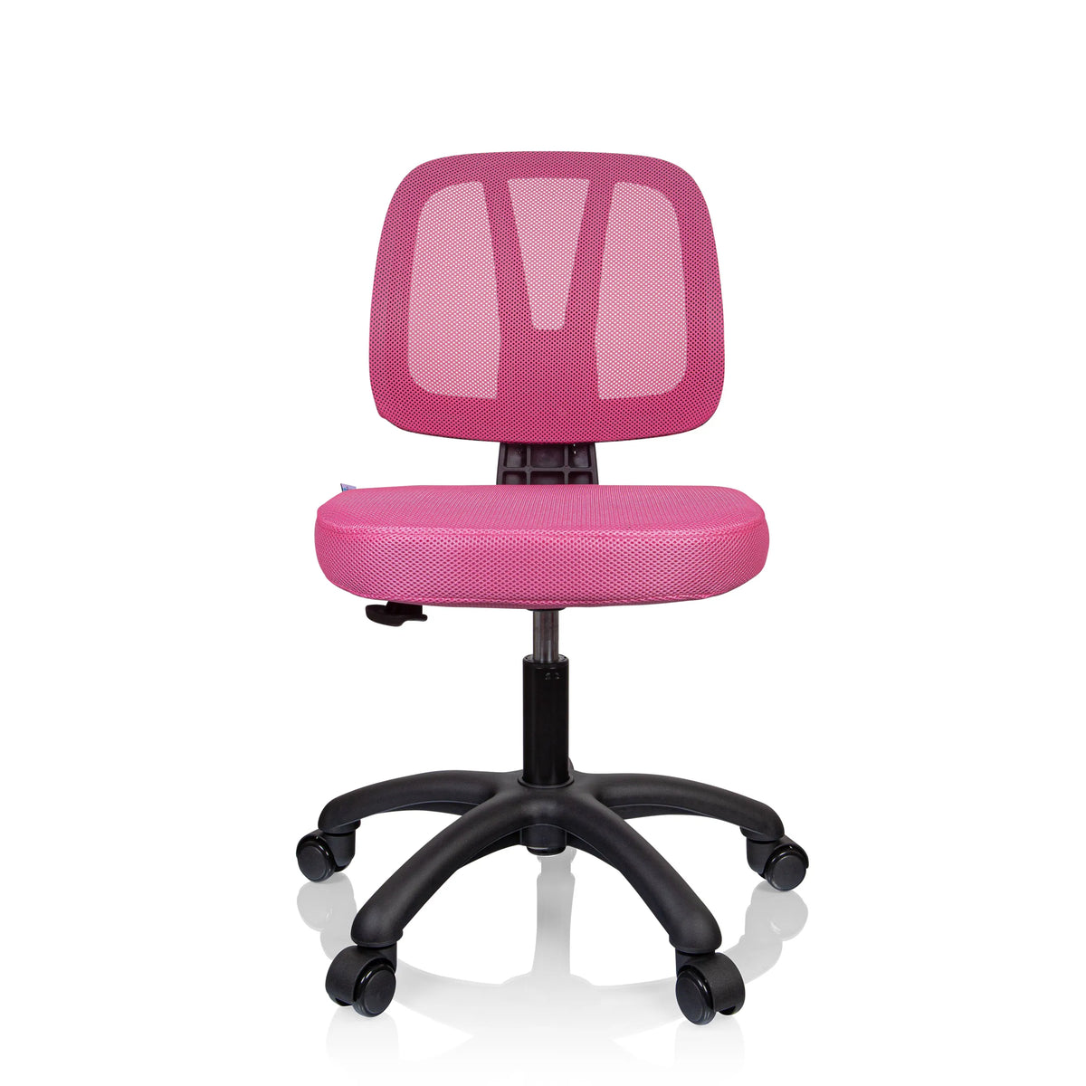 Roze Kinder bureaustoel KID YU 200 met netrugleuning en zwart vijfpootkruis met wieltjes van hjh OFFICE – 360-gradenweergave (vooraanzicht 0°)