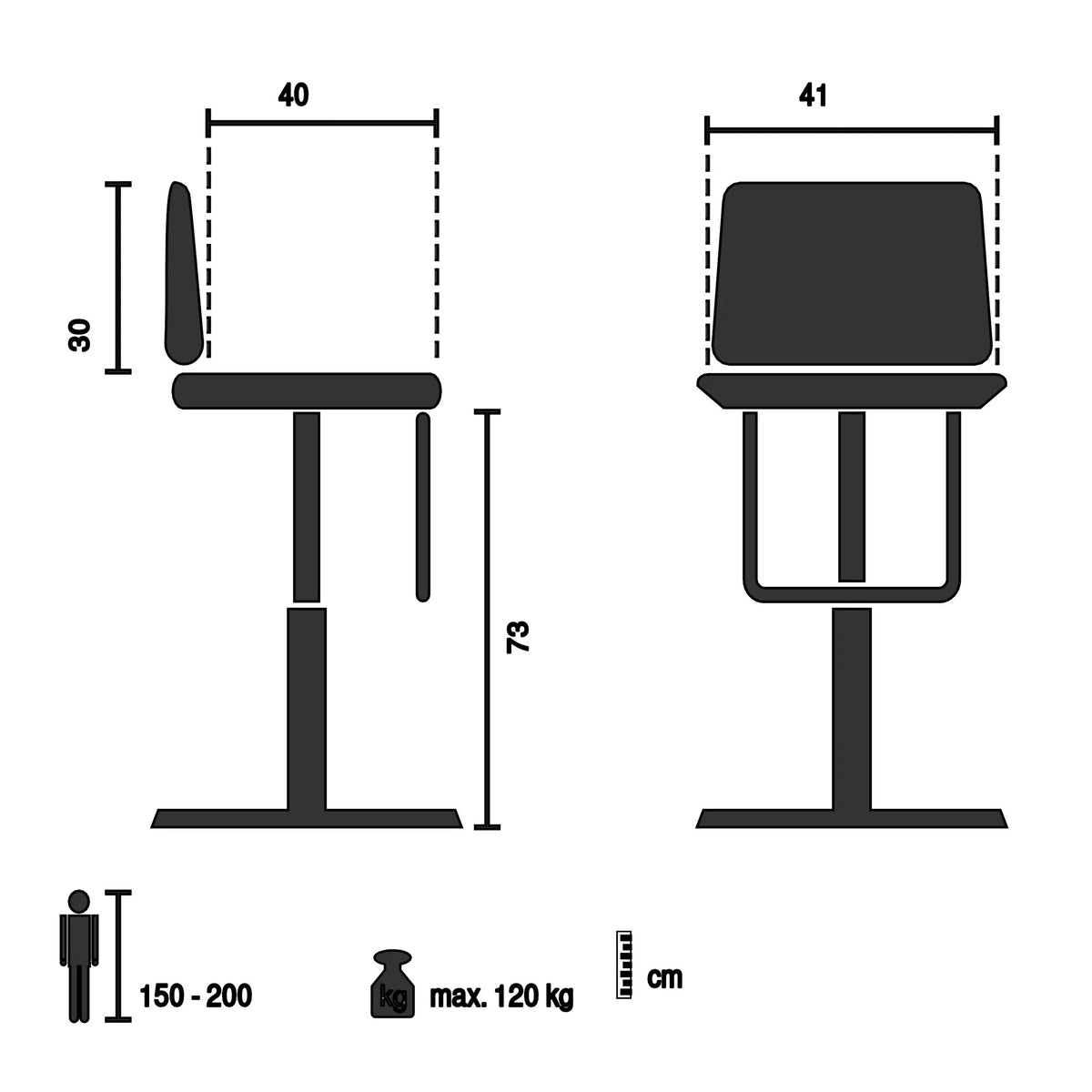 Technische tekening van de Barkruk SCANDI HIGH met een hoogte van 73 cm van hjh LIVING