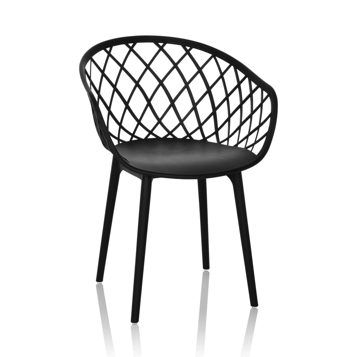 Zwarte Shell-stoel BEGIO B met roostervormige rugleuning en vier poten van hjh OFFICE – 360-gradenweergave (vooraanzicht 15°)