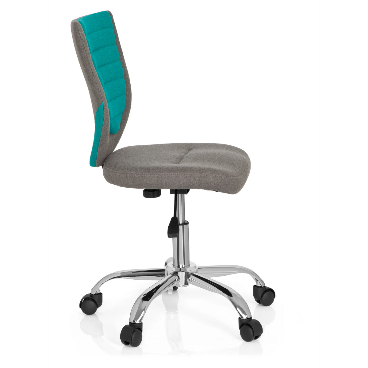 Grijs-turquoise Kinder bureaustoel KIDDY COMFORT met kruisvoet en vijf zwenkwielen van hjh OFFICE – 360-gradenweergave (zijaanzicht 80°)