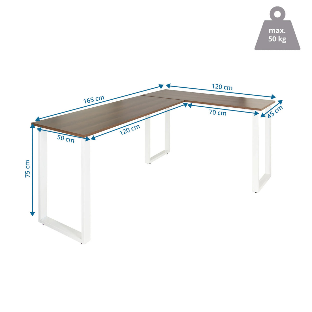 Maattekening van het Hoekbureau WORKSPACE BASIC I in walnoot en wit, 165 x 120 cm, van hjh OFFICE