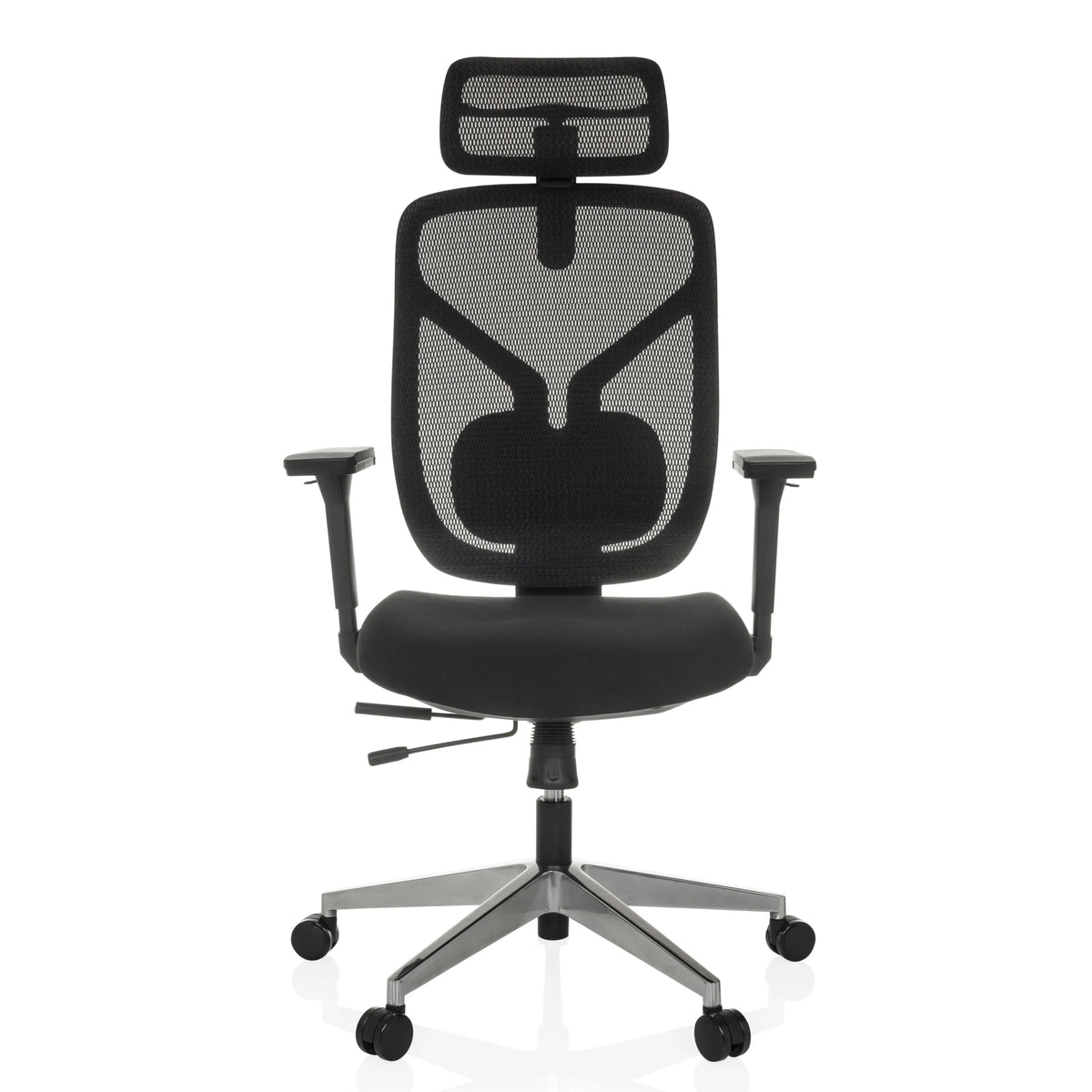 Zwarte High end bureaustoel CASSILIS B met netrugleuning en vijfpoot met wielen van hjh OFFICE – 360-gradenweergave (vooraanzicht 0°)