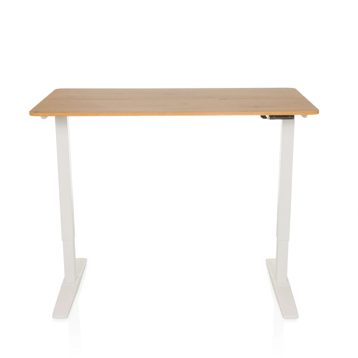 Elektrisch höhenverstellbarer Schreibtisch STAND BASIC in Weiß und Eiche mit T-Fußgestell von hjh OFFICE – 360-Grad-Ansicht (Frontansicht 0°)