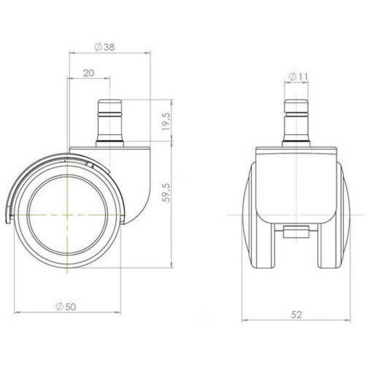 Technische tekening van de 5x ROLO 11mm/50mm bureaustoelwielen met een roldiameter van 50 mm van hjh OFFICE