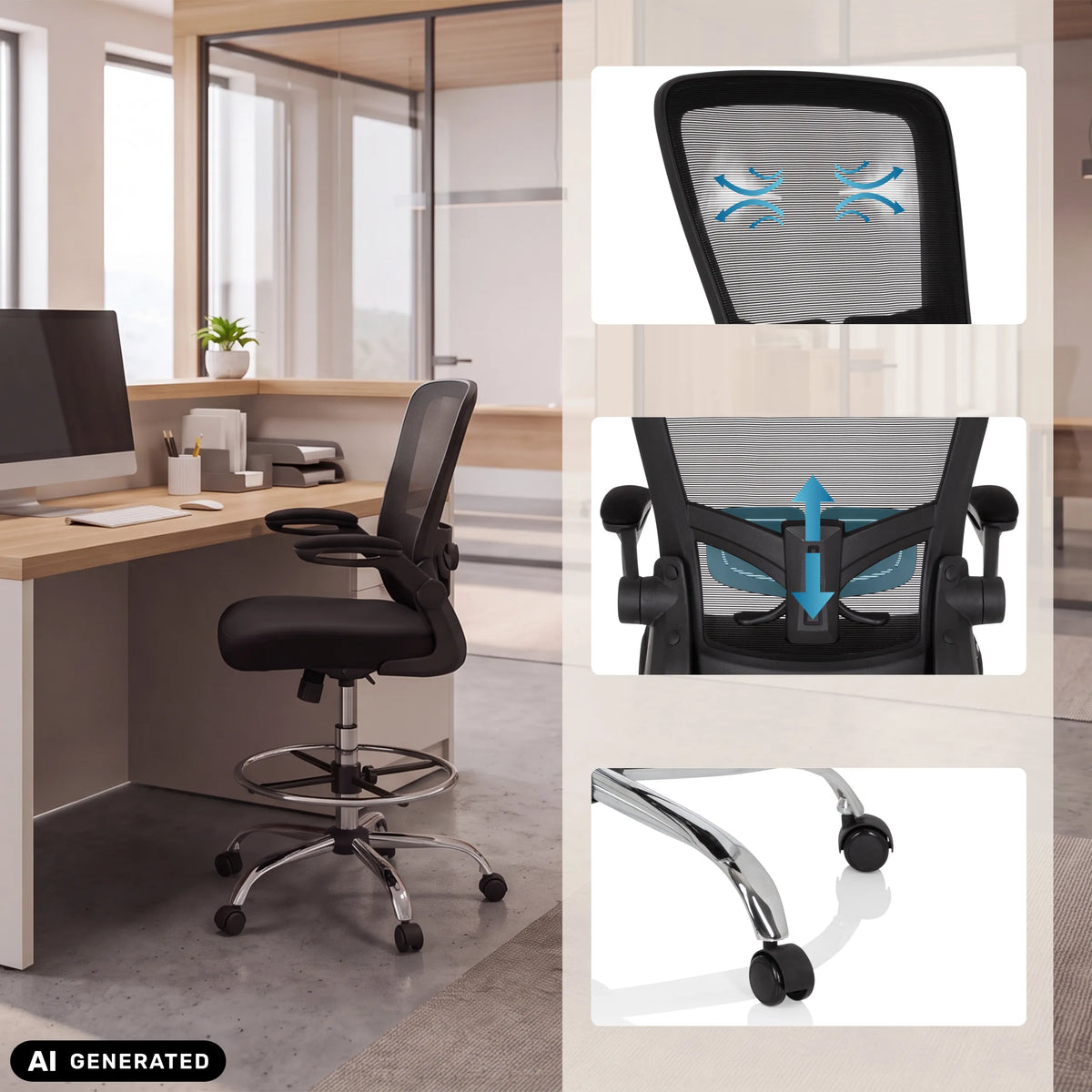 Baliestoel VENDO WORK in zwart met detailopnamen van de rugleuning en wieltjes van hjh OFFICE (AI-gegenereerde afbeelding)