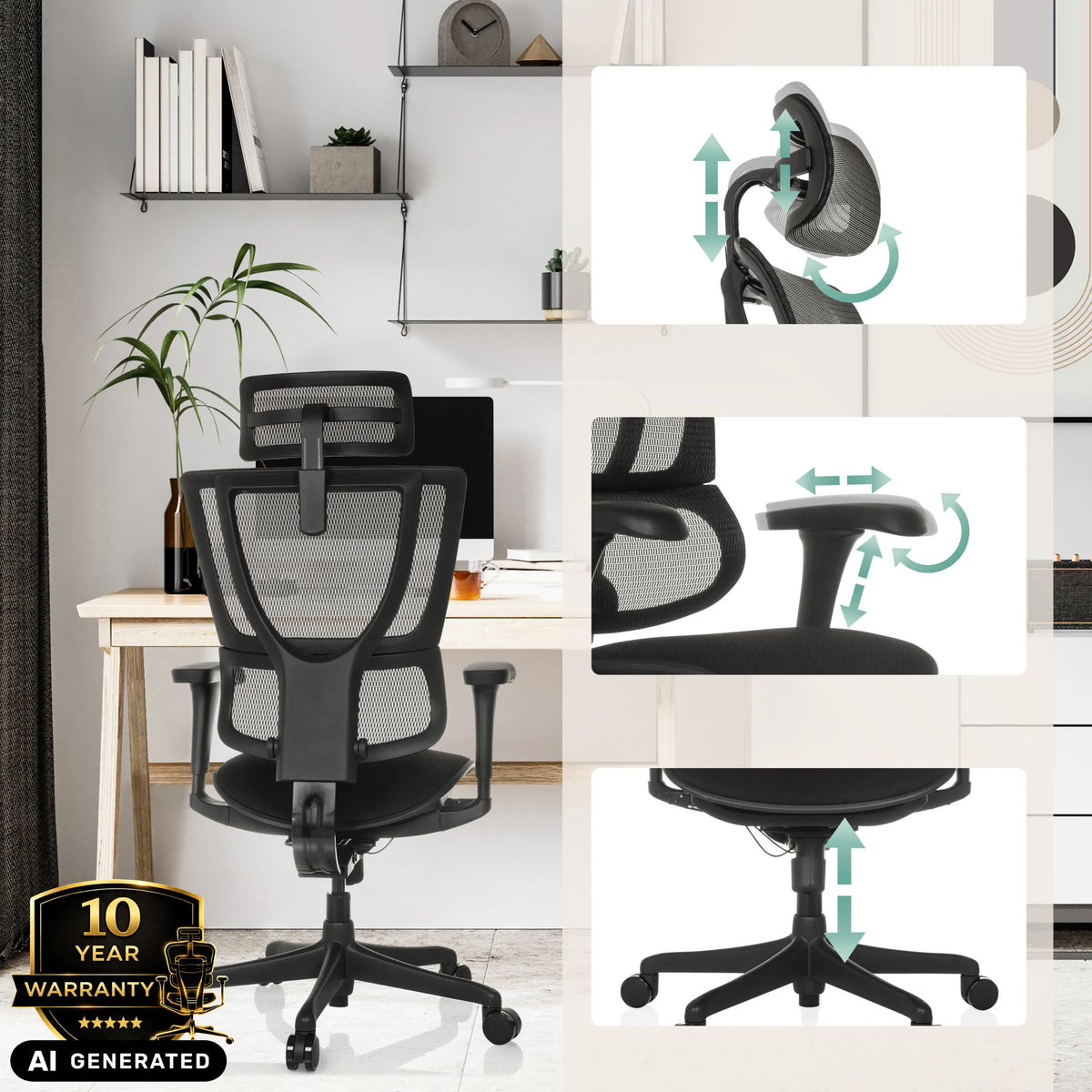 Luxe directiestoel ERGOHUMAN SLIM ECO F GEN2 met verstelbare hoofdsteun en armleuningen van hjh OFFICE (AI-gegenereerde afbeelding)