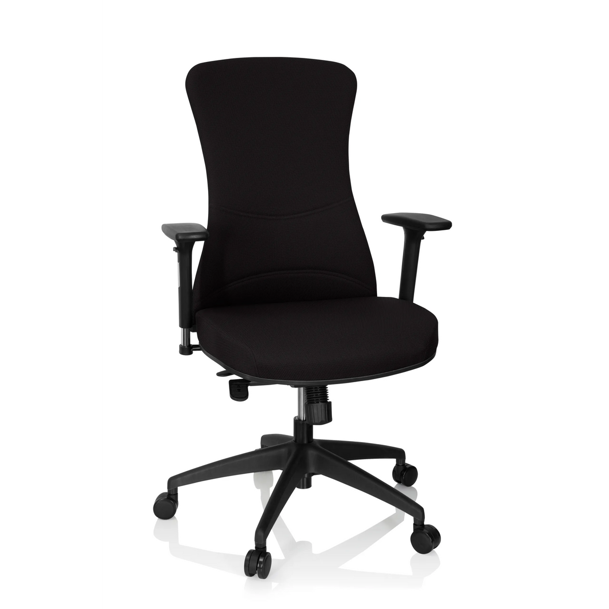 Zwarte Professionele bureaustoel OFFICE XT PRO met armleuningen en vijfpoot met zwenkwielen van hjh OFFICE – 360-gradenweergave (vooraanzicht 20°)