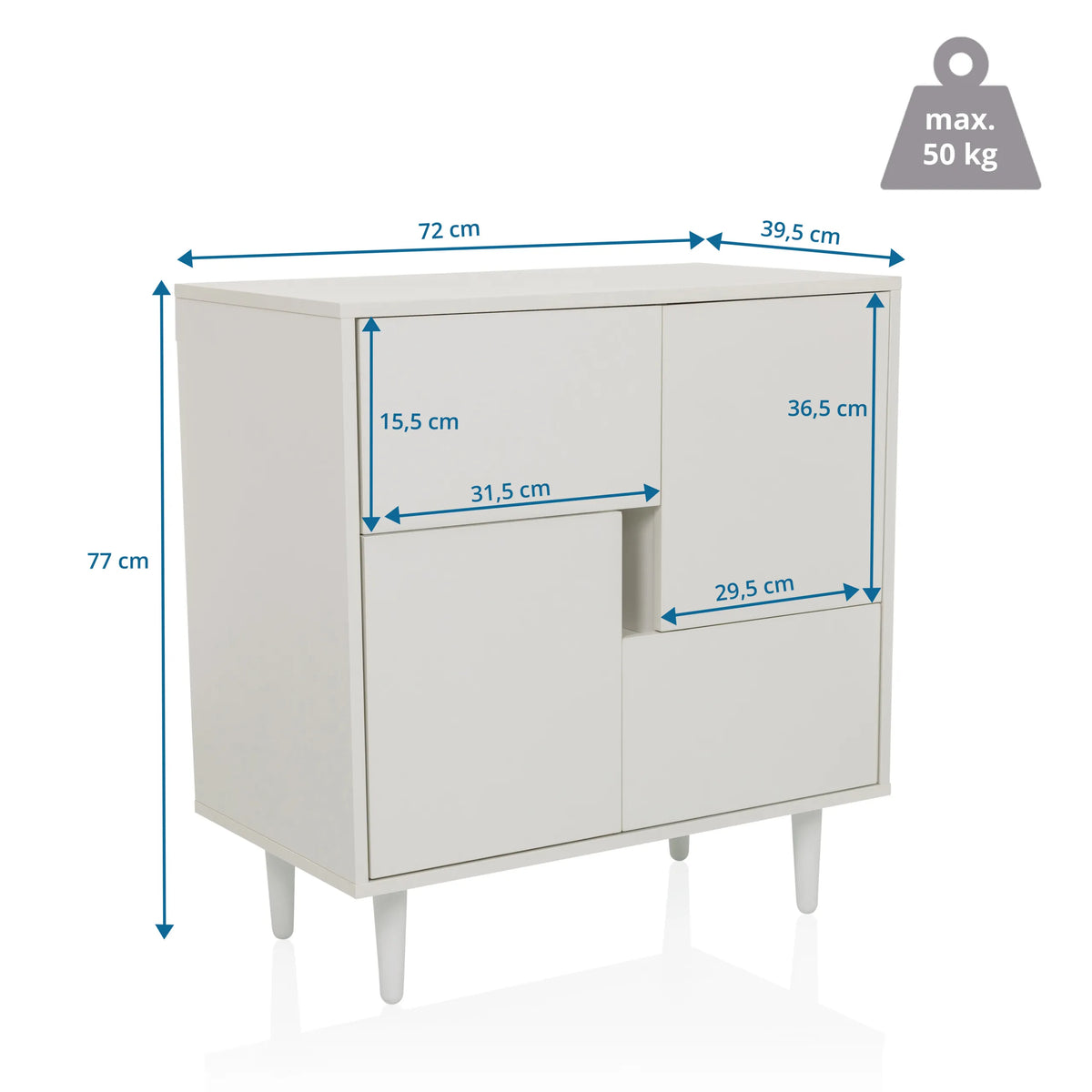 Maattekening van de Commode LYKKJA met een breedte van 72 cm en een hoogte van 77 cm van hjh LIVING