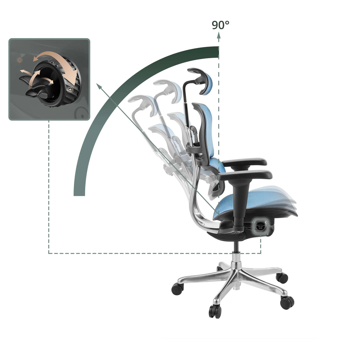 Verstelbare rugleuning met een kantelhoek van 90° van de Luxe directiestoel ERGOHUMAN ULTRA GEN2 van hjh OFFICE