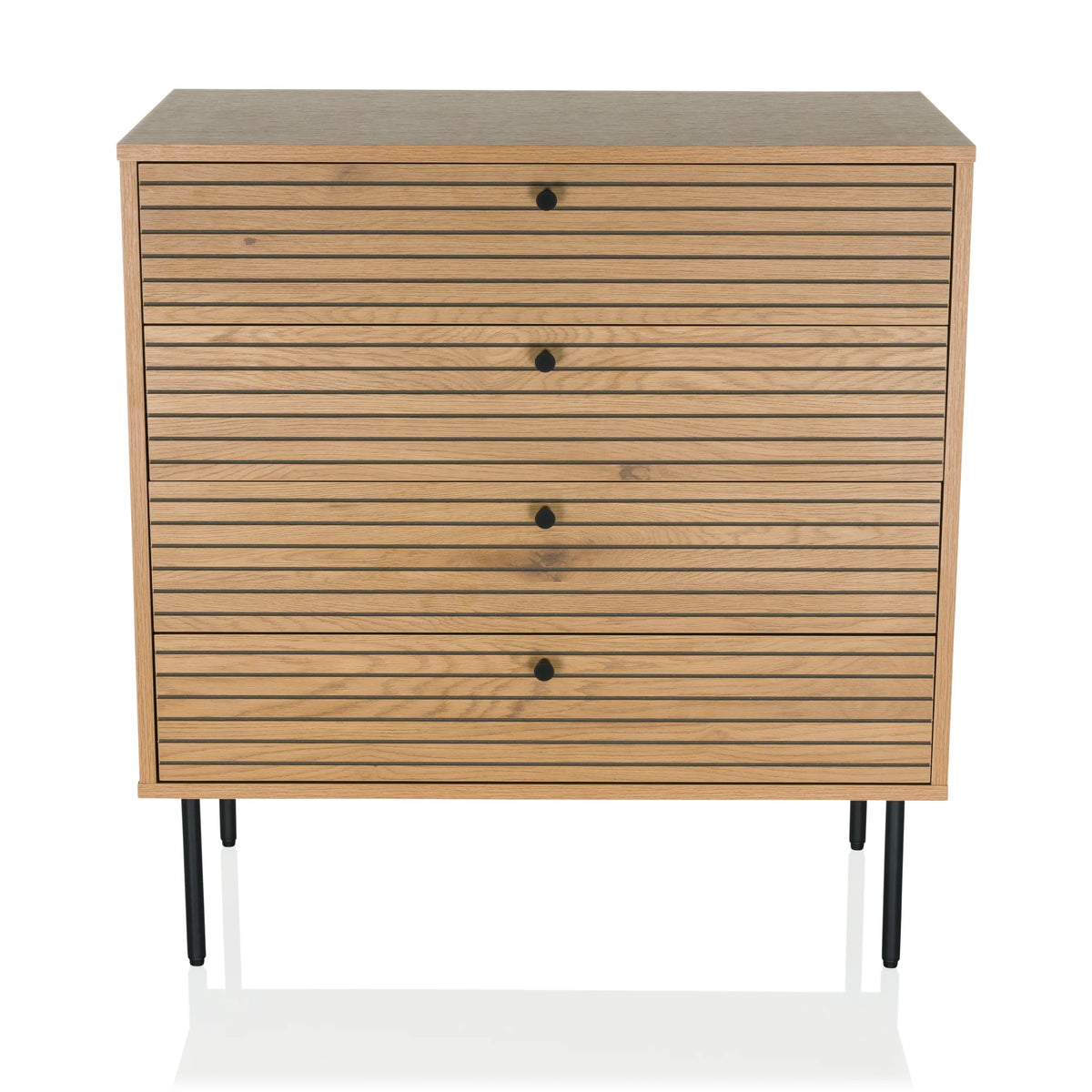 Eikenkleurige commode LINNO K met geribbelde fronten en vier zwarte poten van hjh LIVING – 360-gradenweergave (vooraanzicht 0°)