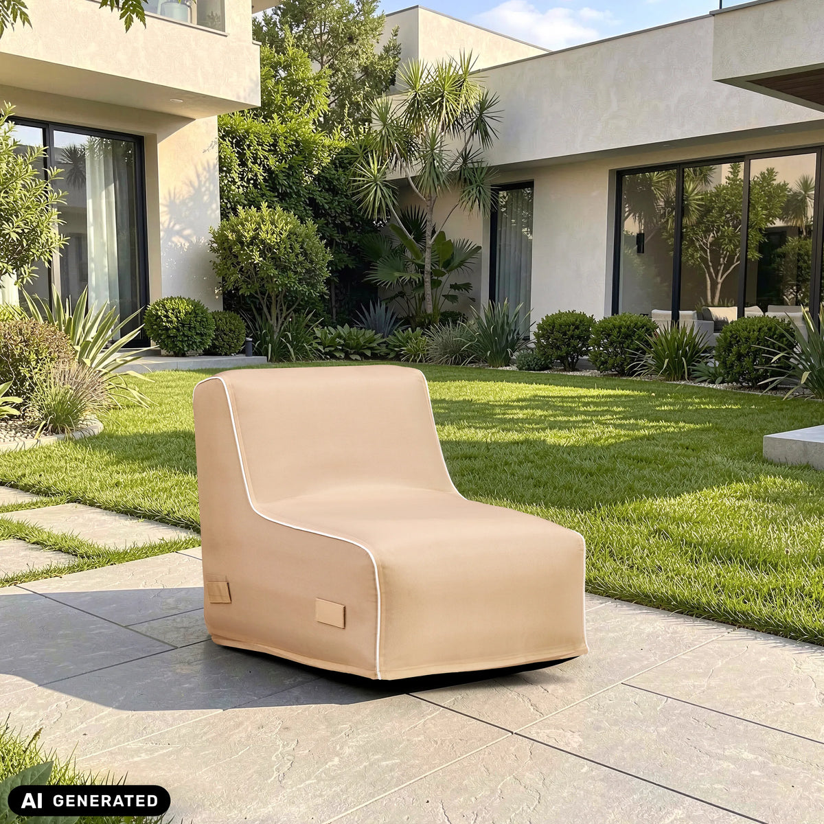 Beige Sitzolo Air luchtbank op een terras voor een groenvoorziening van hjh LIVING (AI-gegenereerde afbeelding)