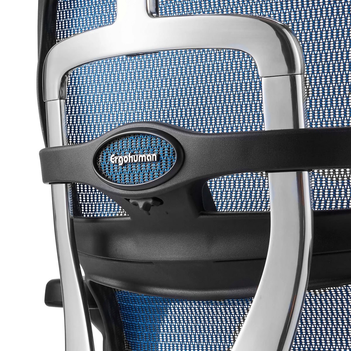 Logo en frameconstructie van de Luxe directiestoel ERGOHUMAN ULTRA GEN2 met blauwe netbekleding van hjh OFFICE