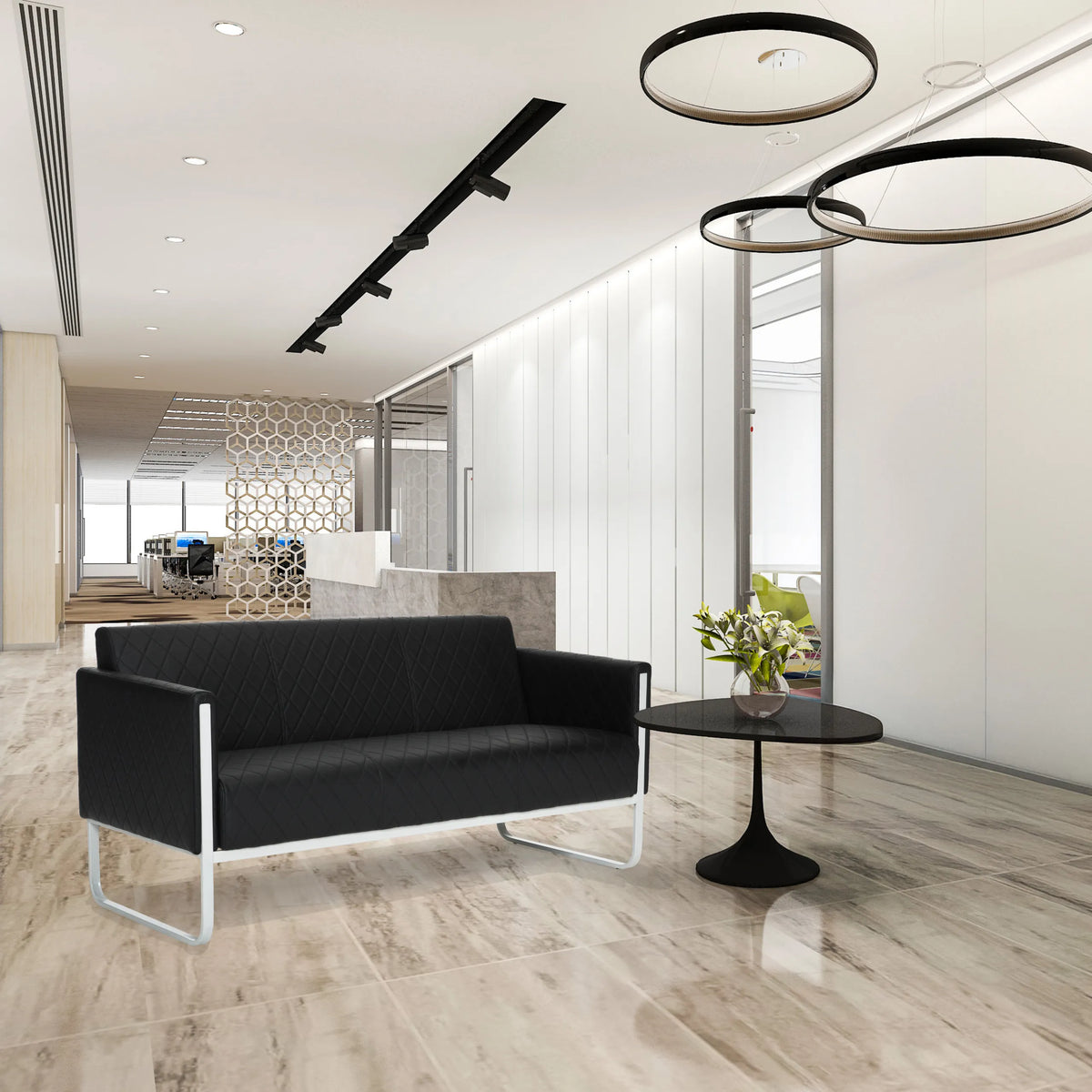 Zwarte ARUBA STEP lounge bank als driezitter met gestikt polsterwerk en zilverkleurig metalen frame van hjh OFFICE