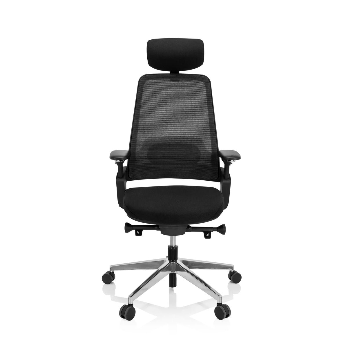 Zwarte Professionele bureaustoel BRACIO met netrug, hoofdsteun en vijfpoot met wieltjes van hjh OFFICE – 360-gradenweergave (vooraanzicht 0°)