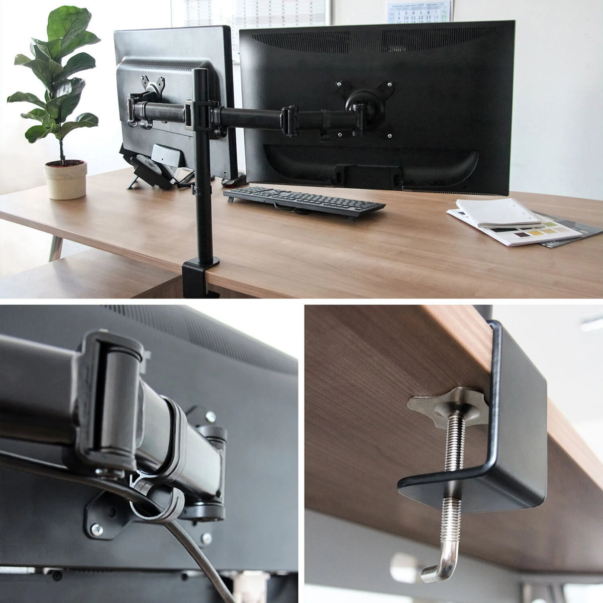 Kabelmanagement en tafelbevestiging van de VM-MF2 monitorsteun in zwart van hjh OFFICE