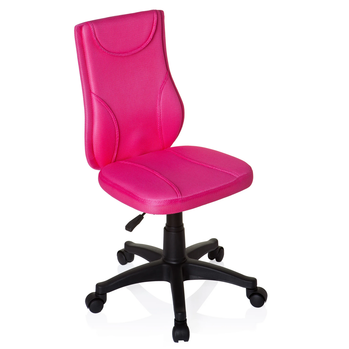 Roze Kinder bureaustoel KIDDY BASE met netrug en zwart vijfpootkruis met wieltjes van hjh OFFICE – 360-gradenweergave (schuin vooraanzicht 40°)