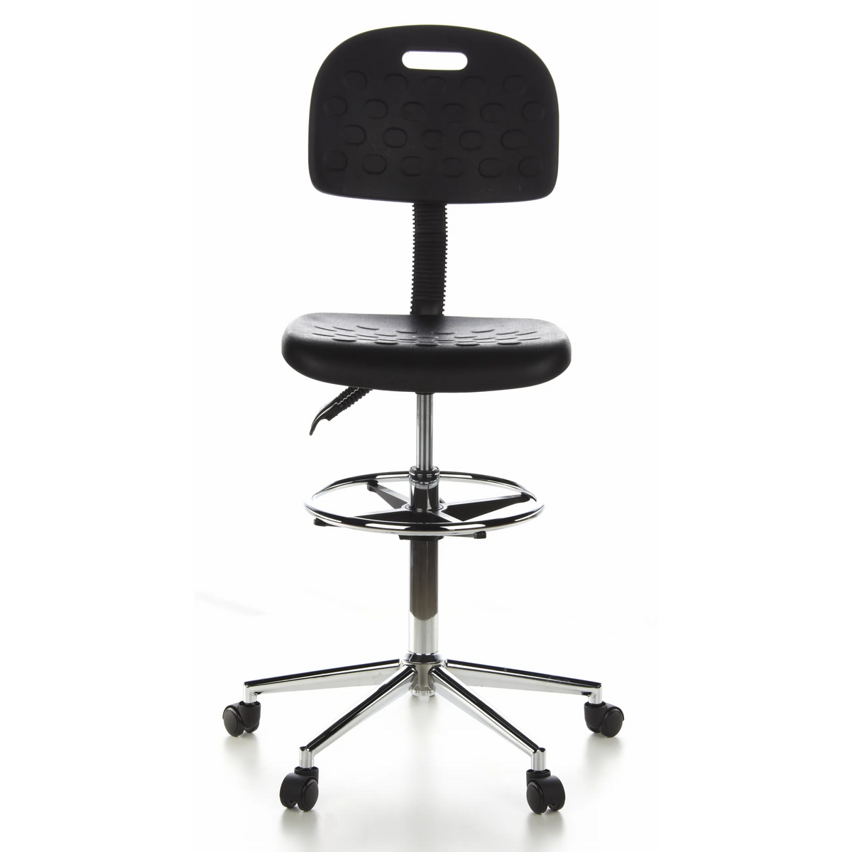 Zwarte Baliestoel TOP WORK 23 met voetring en vijfsterrenvoet met wielen van hjh OFFICE – 360-gradenweergave (vooraanzicht 0°)