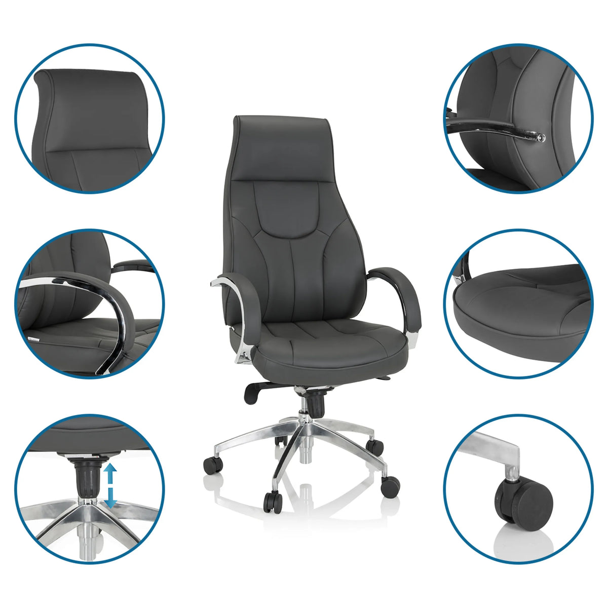 Grijze Professionele directiestoel ELEGANCE I met detailopnamen van de bekleding, armleuningen en gasveer van hjh OFFICE