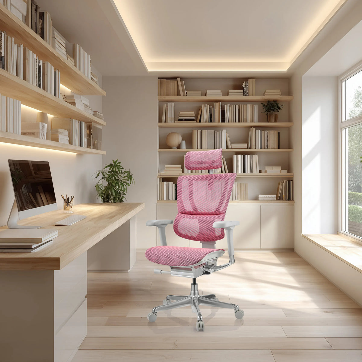 Roze luxe directiestoel ERGOHUMAN SLIM G GEN2 met netrug in een licht kantoor van hjh OFFICE (AI-gegenereerde afbeelding)