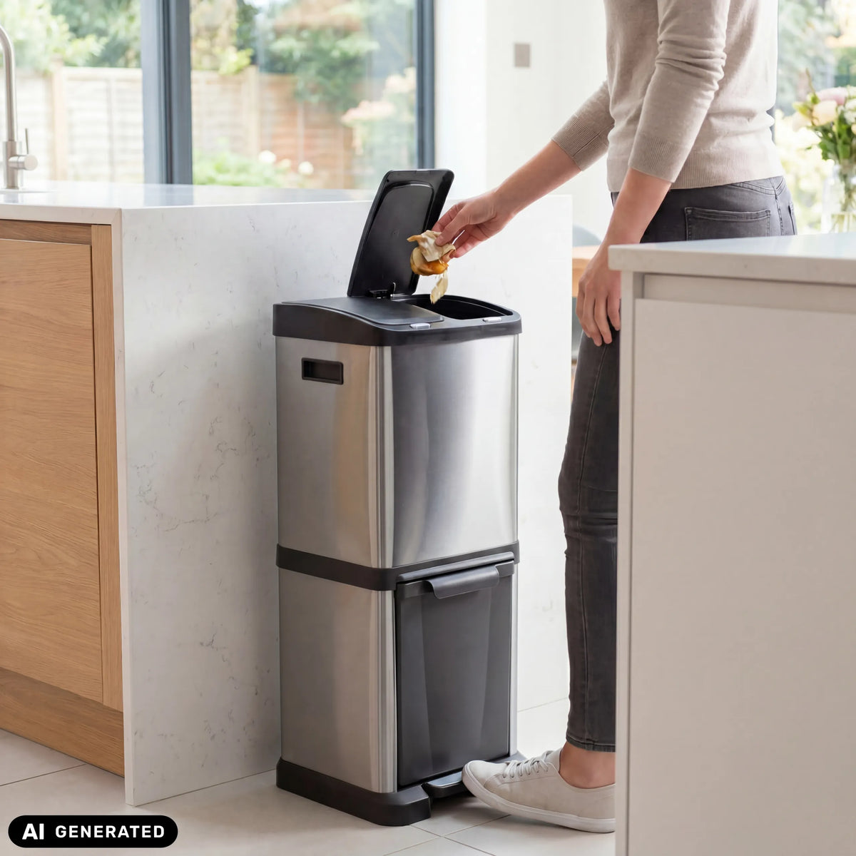 Zilveren CLEAN VII prullenbak met twee vakken in een keuken van hjh OFFICE (AI-gegenereerde afbeelding)