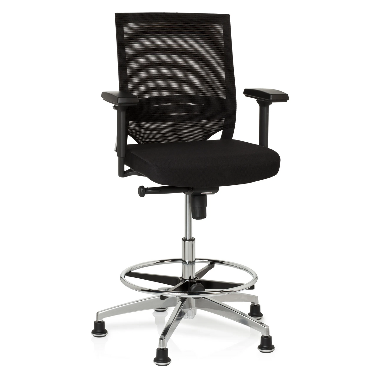 Zwarte Baliestoel TOP WORK 77 met netrug, voetring en vijf glijders van hjh OFFICE – 360-gradenweergave (vooraanzicht 20°)