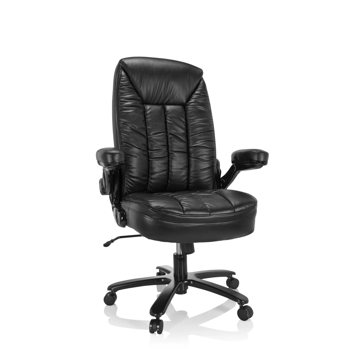 Schwarzer XXL Drehstuhl INSTRUCTOR III aus Kunstleder mit Fußkreuz und fünf Rollen von hjh OFFICE – 360-Grad-Ansicht (Frontansicht 20°)