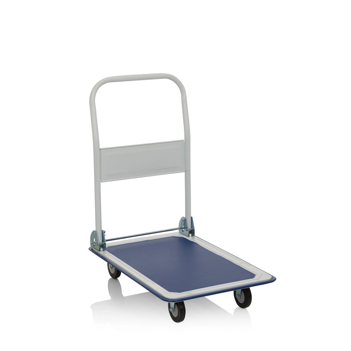 Blauw-witte Platformwagen CARRY met inklapbare handgreep en vier zwenkwielen van hjh OFFICE – 360-gradenweergave (schuin vooraanzicht 40°)