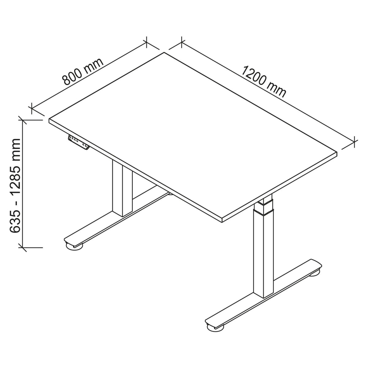 Technische tekening van het bureau XDSM 12 S van 1200 x 800 mm van hjh OFFICE PRO
