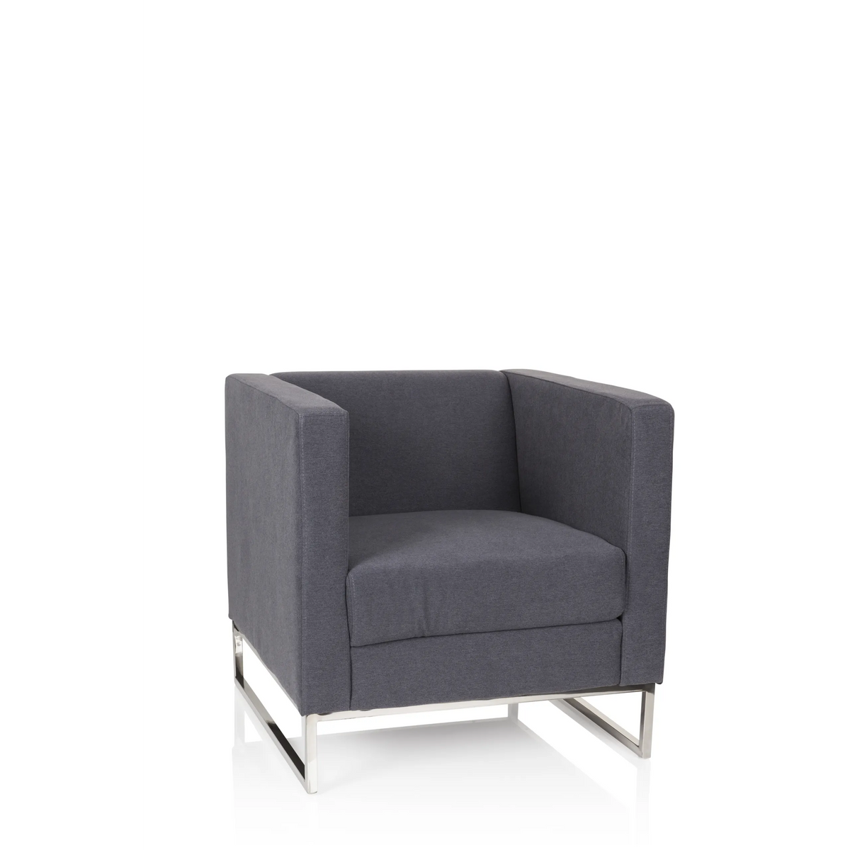 Donkergrijze Gestoffeerde fauteuil BARBADOS met vierkant design en metalen frame van hjh OFFICE – 360-gradenweergave (vooraanzicht 20°)
