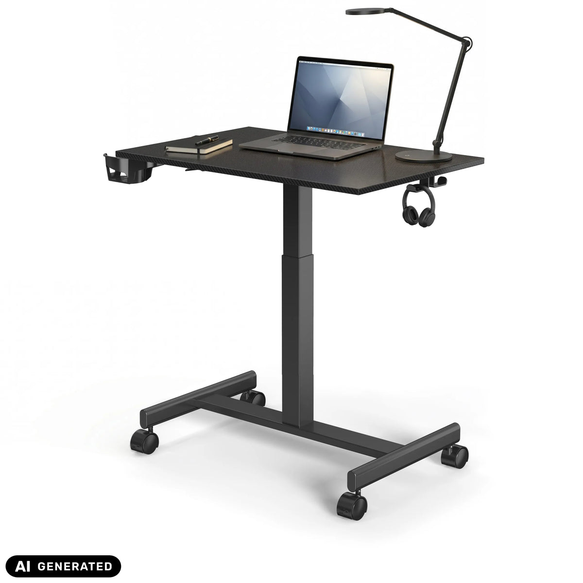 Zwart Zit- Sta bureau Stand K op wielen met laptop en bureaulamp van hjh OFFICE (AI-gegenereerde afbeelding)