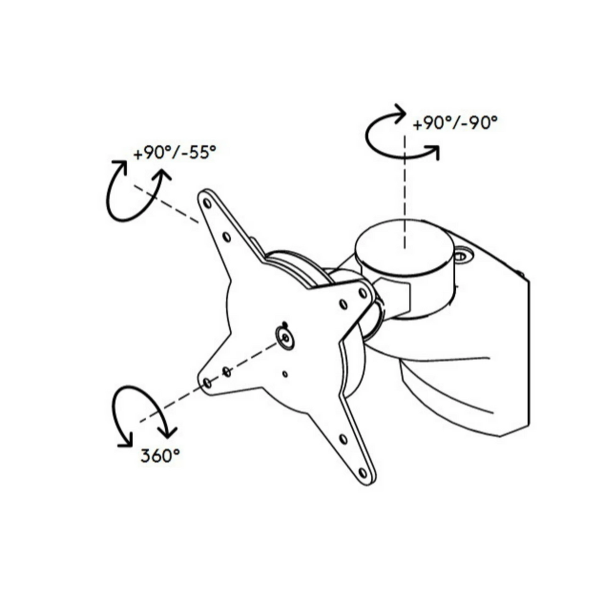 Technische tekening van de ORGPD accessoires met draaibereiken van 360° en +90°/-90° van hjh OFFICE PRO